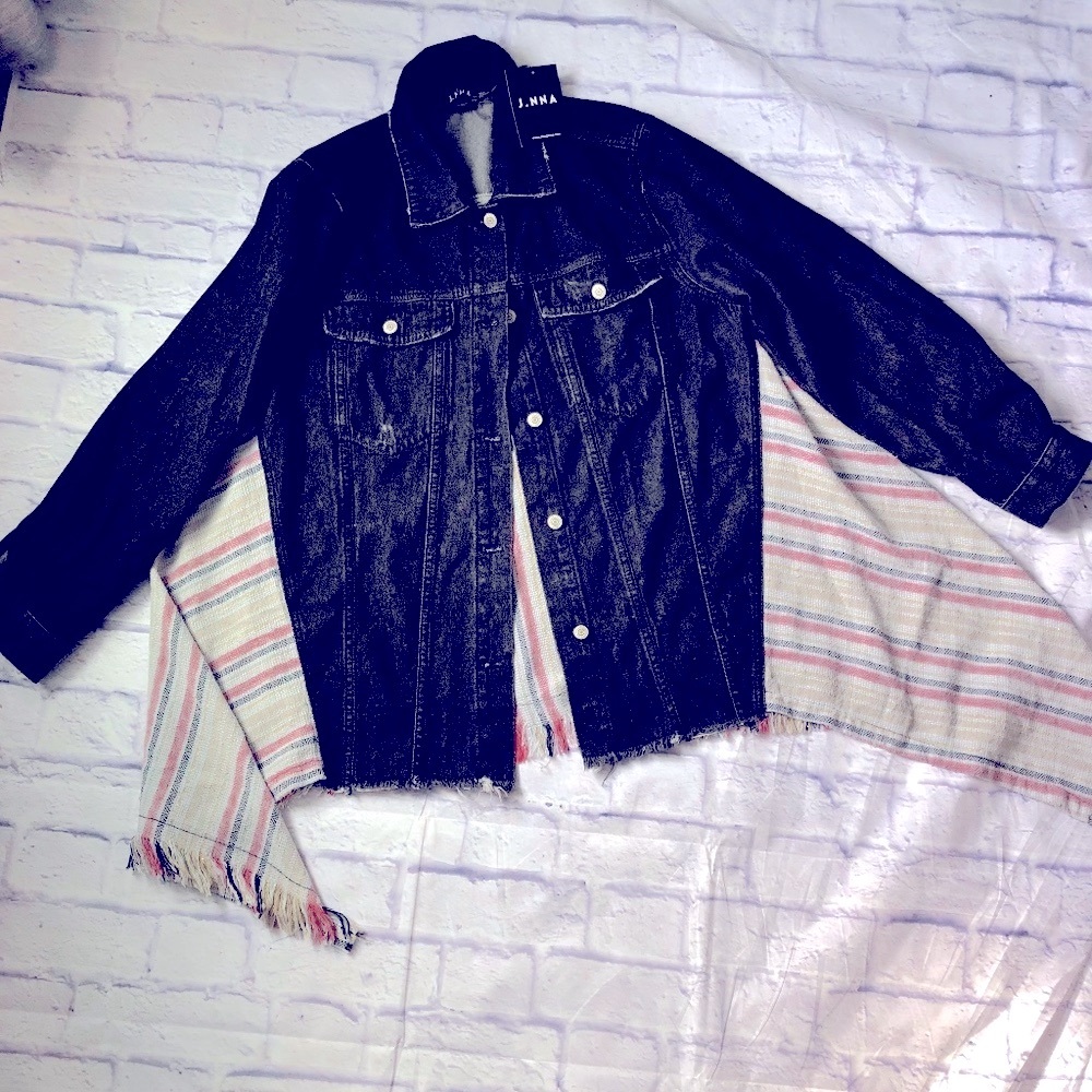 NEW! Black Denim Jean Jacket w/ Woven Back/Long Fringed Sides (NWT)